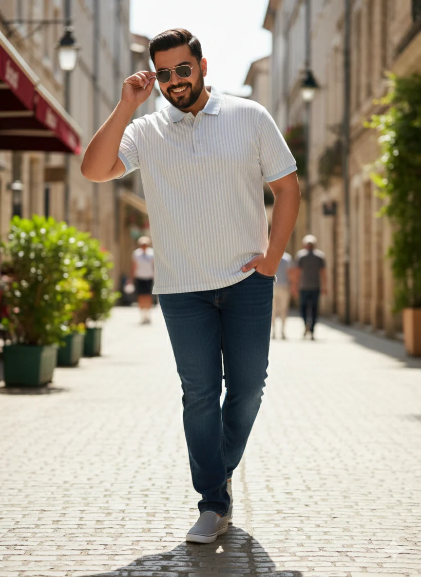 Plus Size Men Striped Polo Collar T-shirt - Image 2