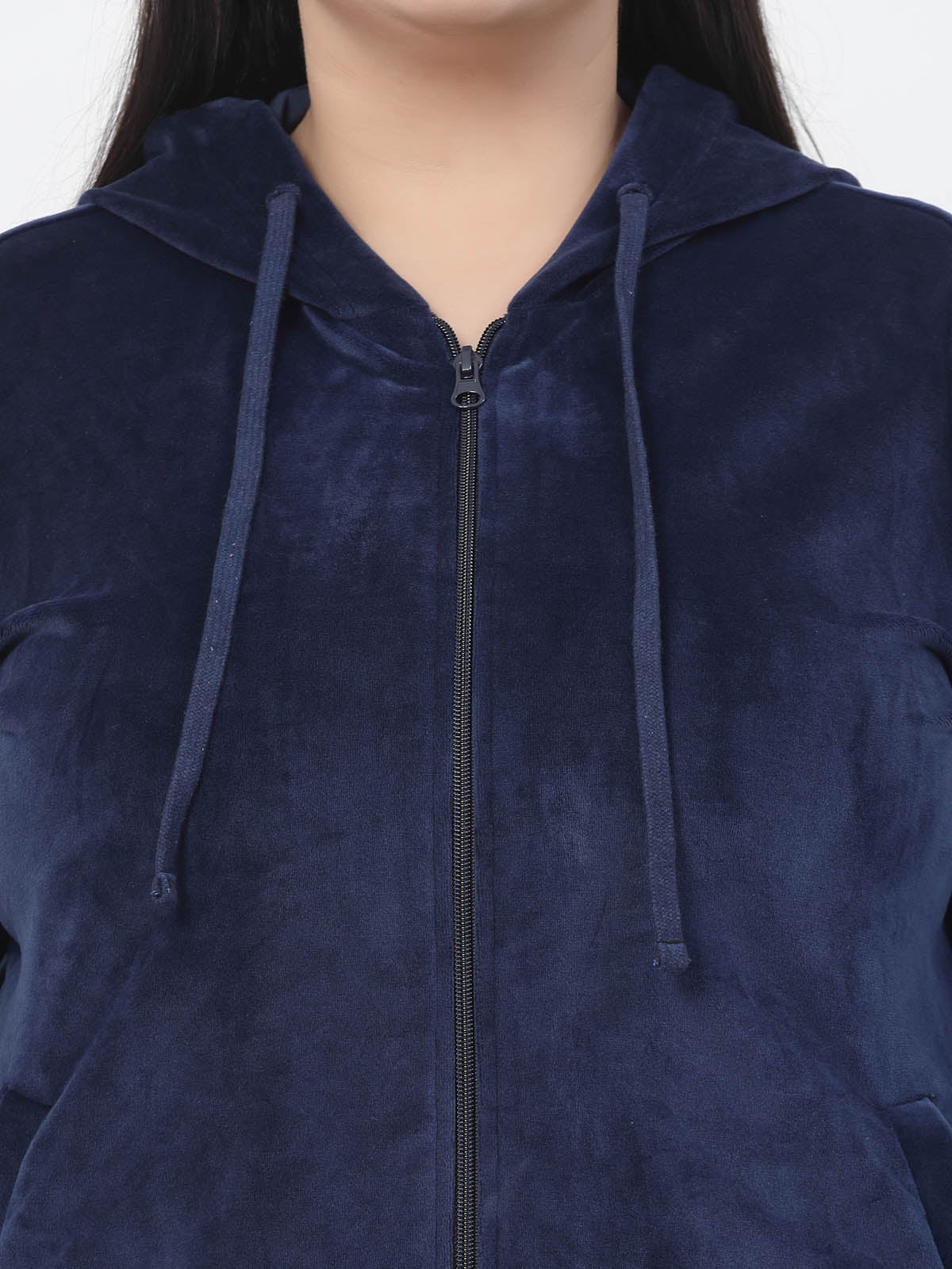 Plus Size  Navy Blue Hooded Mid Rise Velour Tracksuits - Image 4