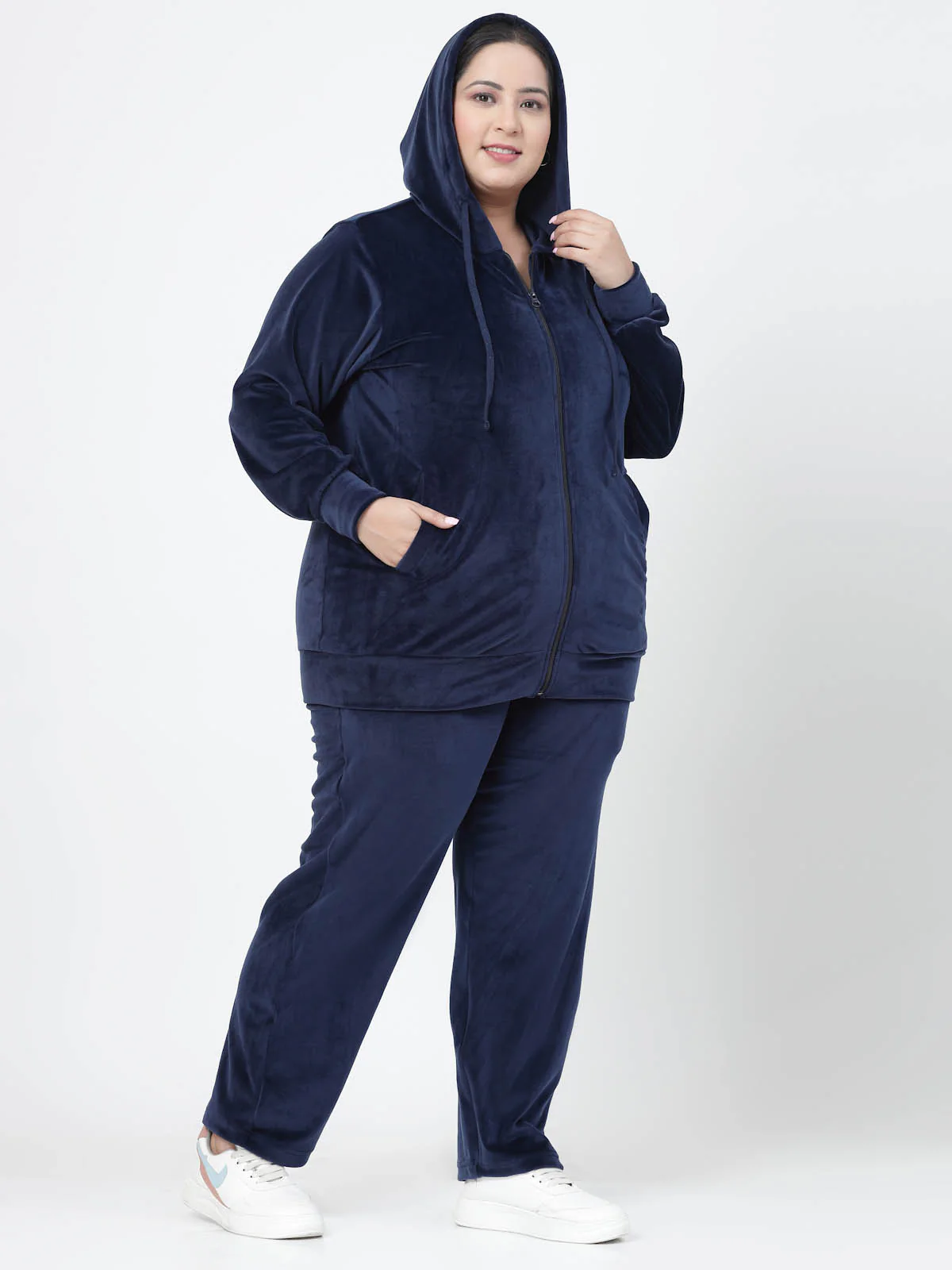 Plus Size  Navy Blue Hooded Mid Rise Velour Tracksuits - Image 7