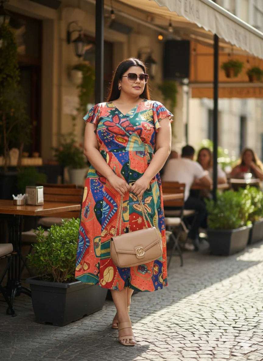 Plus Size Printed Flutter Sleeves A-Line Maxi Dress
