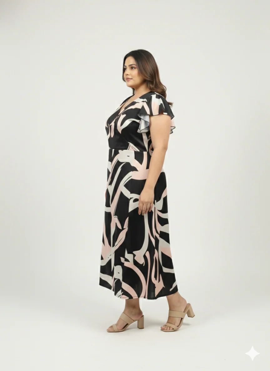 Plus Size Printed Flutter Sleeves A-Line Maxi Dress - Image 2