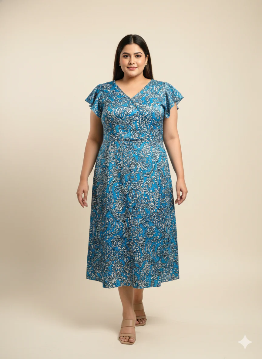 Plus Size Printed Flutter Sleeves A-Line Maxi Dress - Image 3