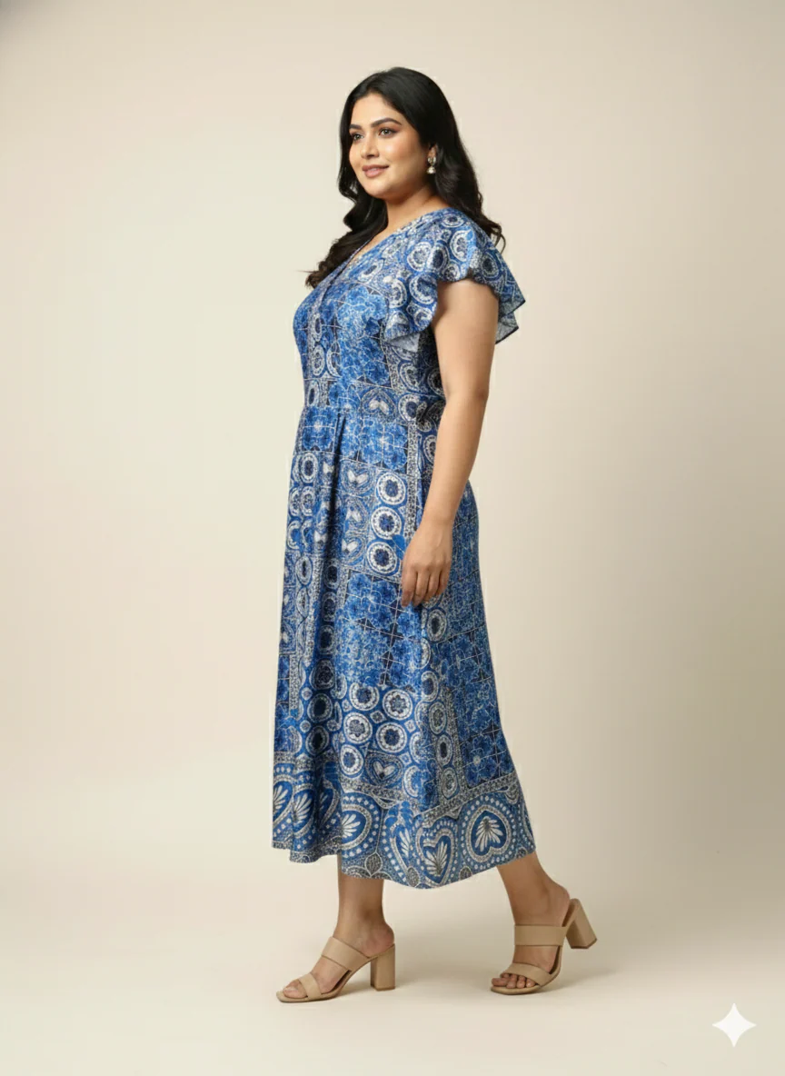 Plus Size Printed Flutter Sleeves A-Line Maxi Dress - Image 5