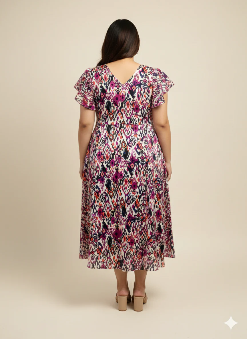 Plus Size Printed Flutter Sleeves A-Line Maxi Dress - Image 3