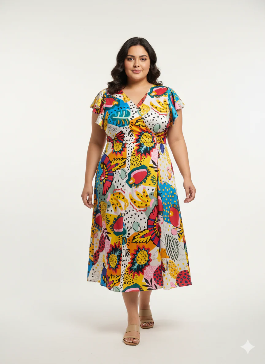 Plus Size Printed Flutter Sleeves A-Line Maxi Dress - Image 5