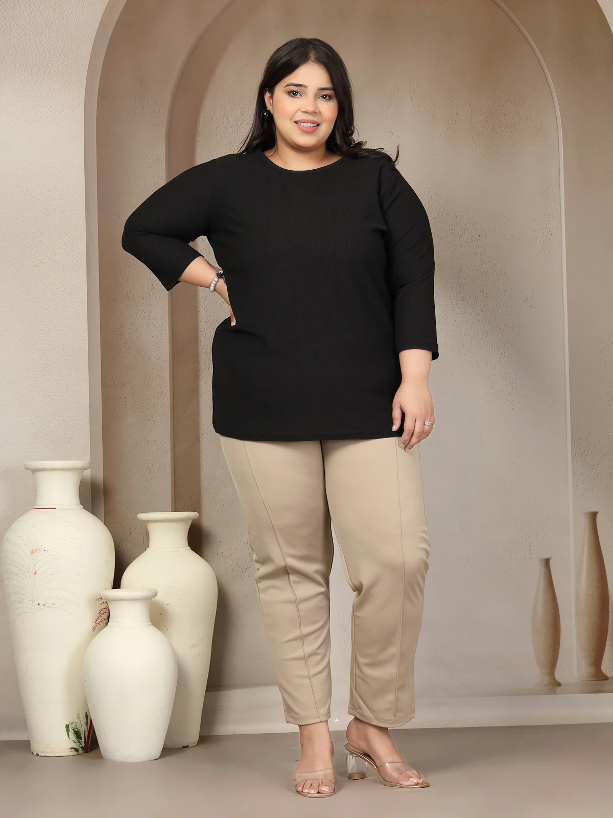 Plus Size Round Neck 3/4 Sleeve T-shirt - Image 5