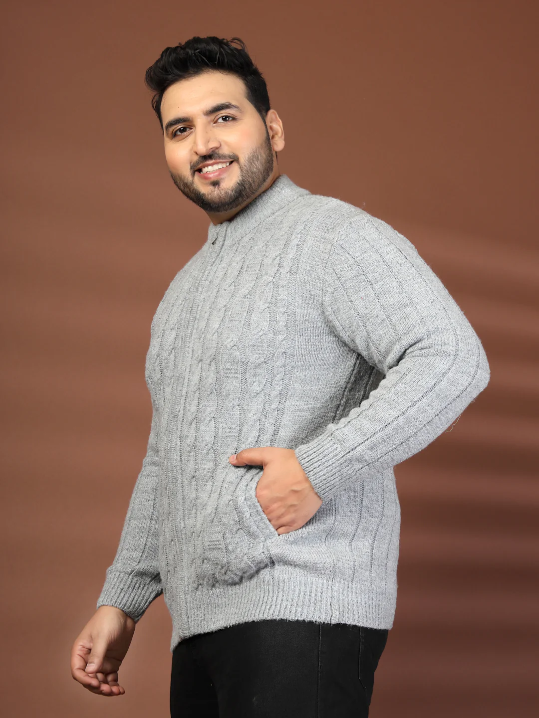 Plus Size Round Neck Long Sleeves Zip Detail Straight Front-Open Sweater - Image 3