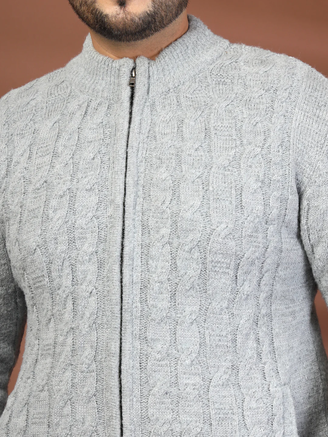 Plus Size Round Neck Long Sleeves Zip Detail Straight Front-Open Sweater - Image 6
