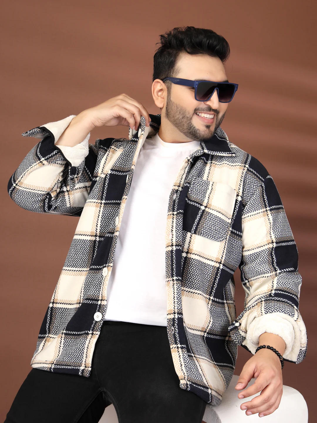 Plus Size Spread Collar Checked Tailored Jacket - Image 5