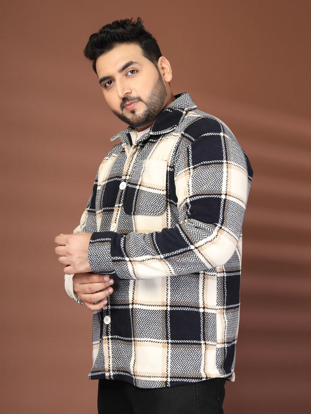 Plus Size Spread Collar Checked Tailored Jacket - Image 7