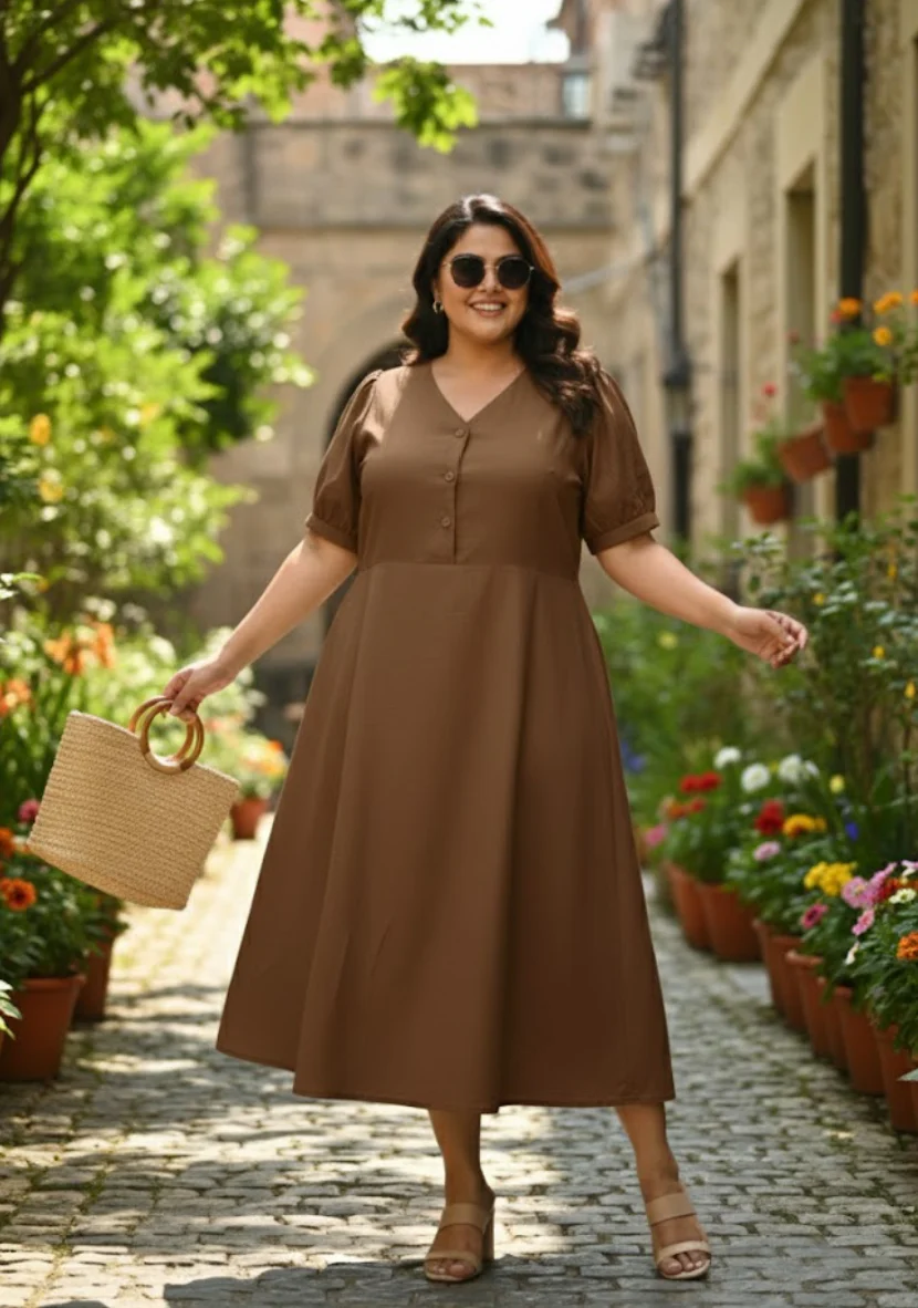 Plus Size V-Neck Fit & Flare Midi Dress