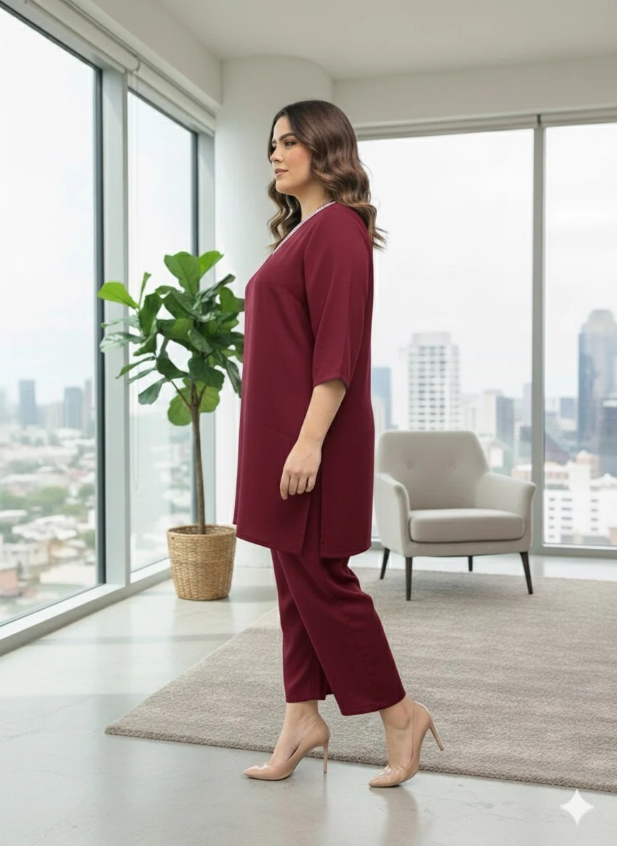 Plus Size Wine Relaxed Fit Solid Tunic And Trousers - Image 2