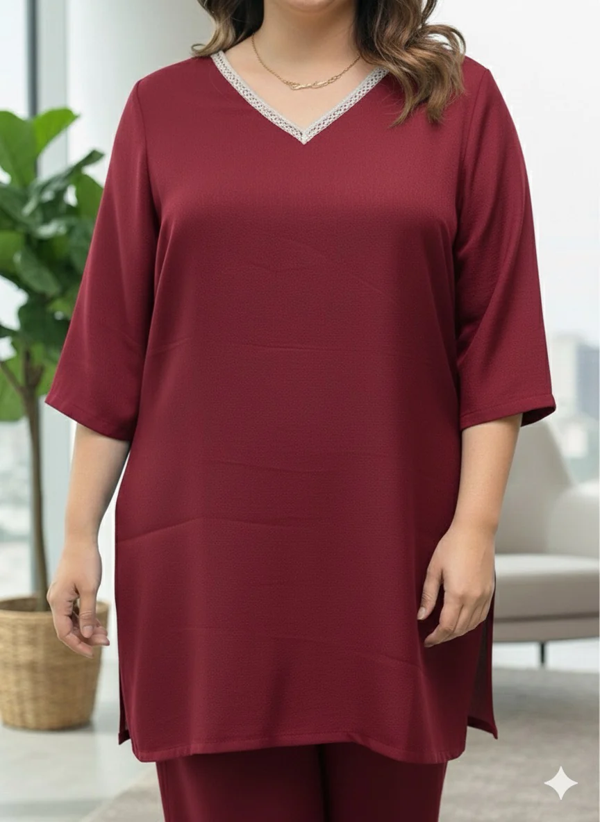 Plus Size Wine Relaxed Fit Solid Tunic And Trousers - Image 4