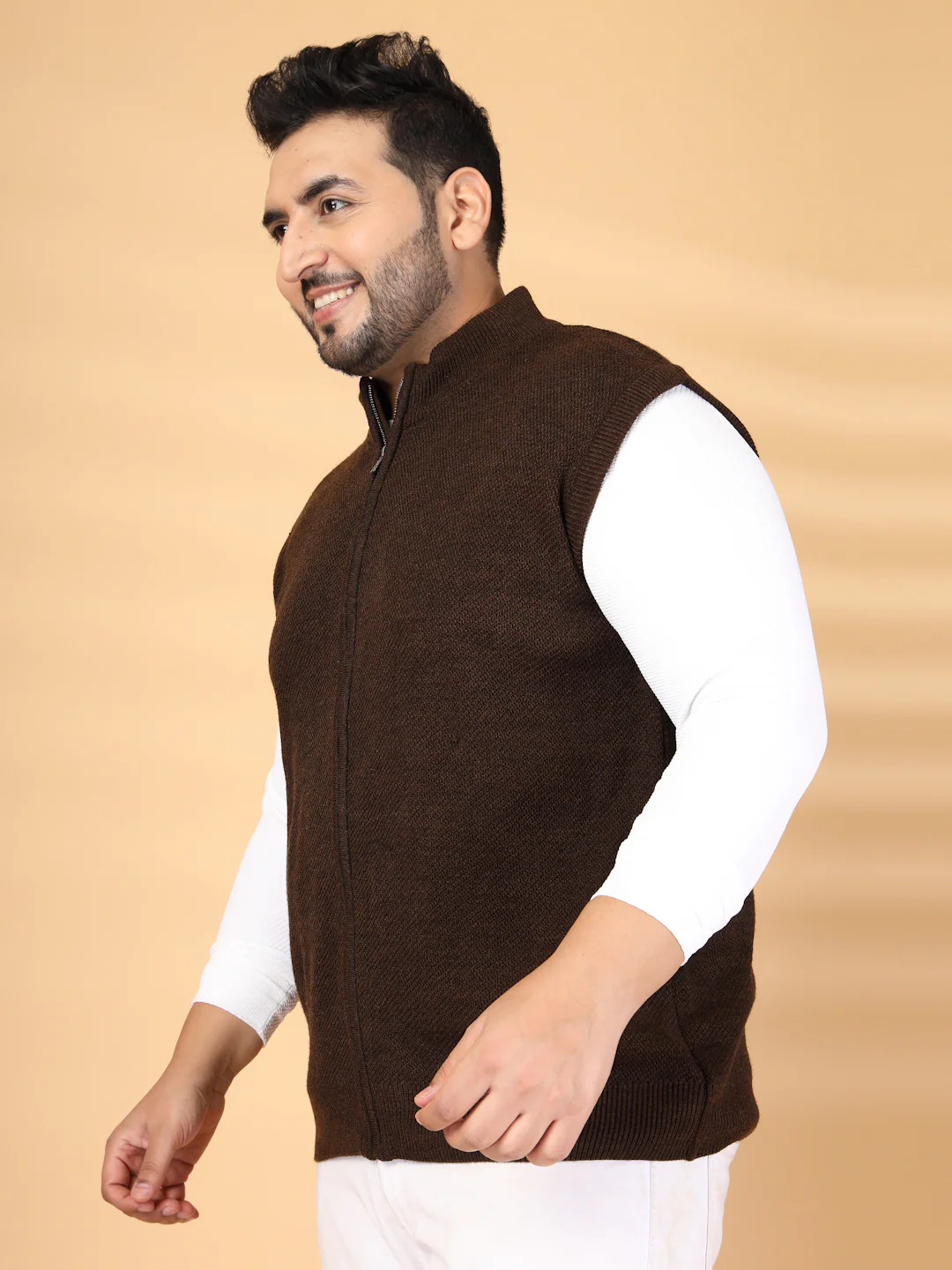 Plus Size Men Solid Sleeveless High Neck with Zip Detail Sweaters - Image 8