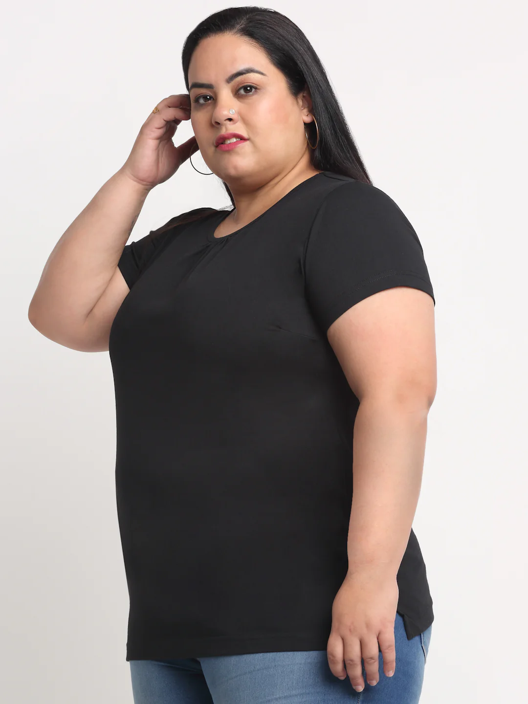 Plus Size Women Black Solid Regular Fit Cotton T-shirt - Image 3