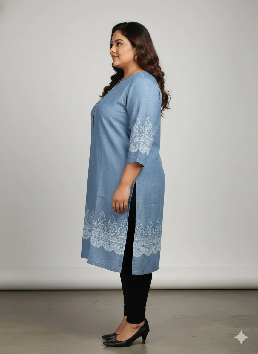 Plus Size Women Blue Solid Straight Denim Kurta - Image 3