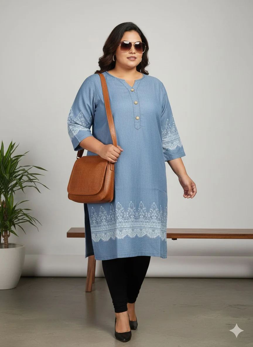 Plus Size Women Blue Solid Straight Denim Kurta - Image 4
