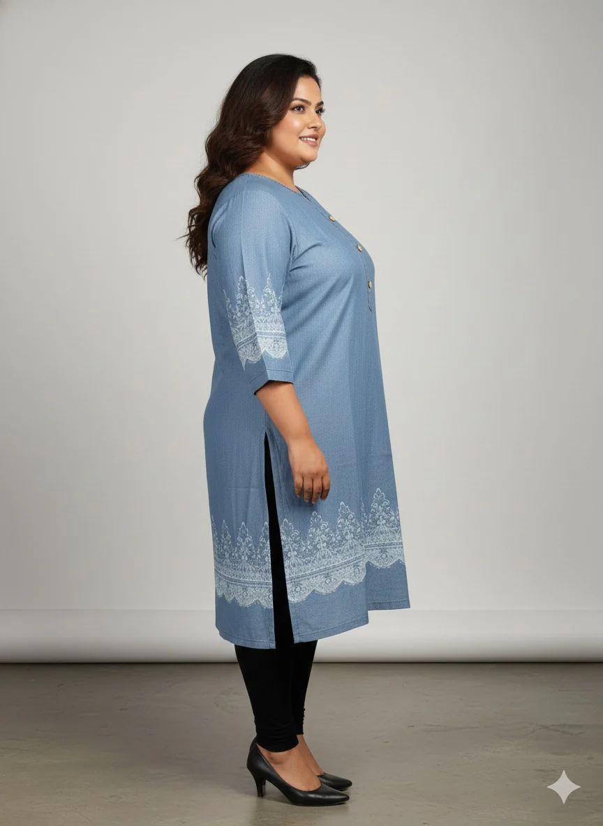 Plus Size Women Blue Solid Straight Denim Kurta - Image 6
