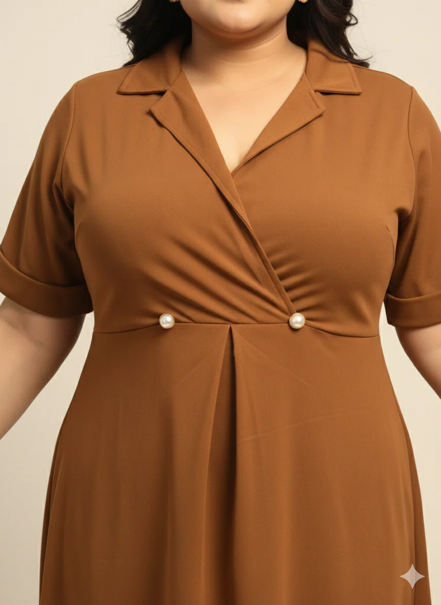 Plus Size Women Notch Collar Button Midi Dress - Image 5