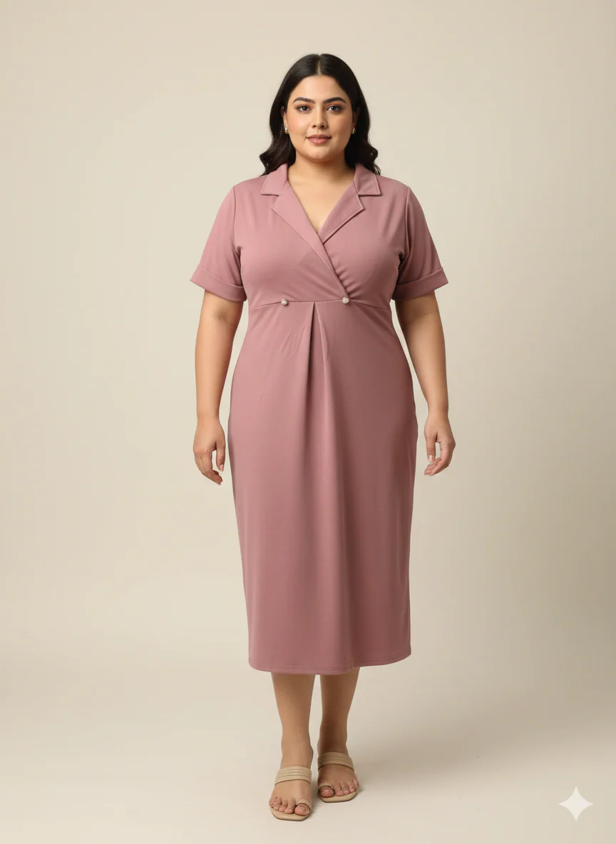 Plus Size Women Notch Collar Button Midi Dress - Image 2