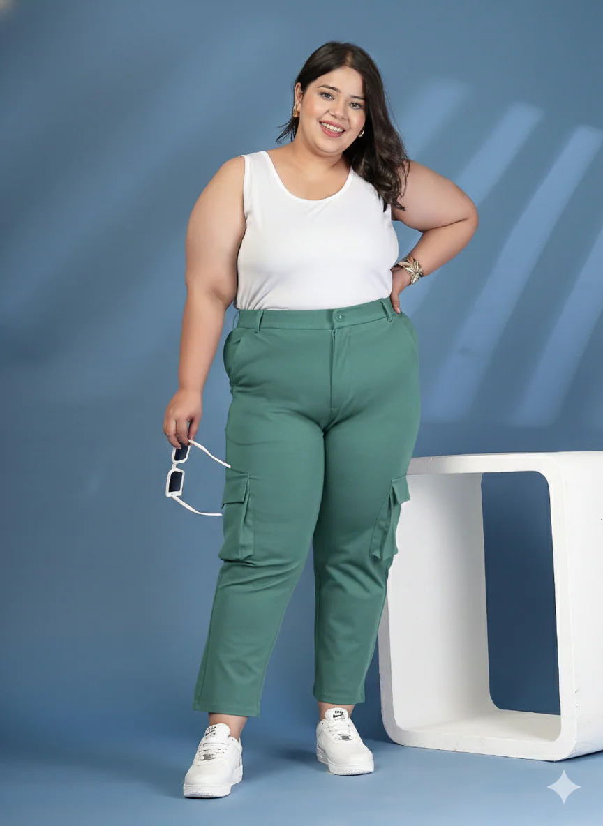 Plus Size Women Solid Mid Rise Regular Fit Cargo Trousers - Image 2