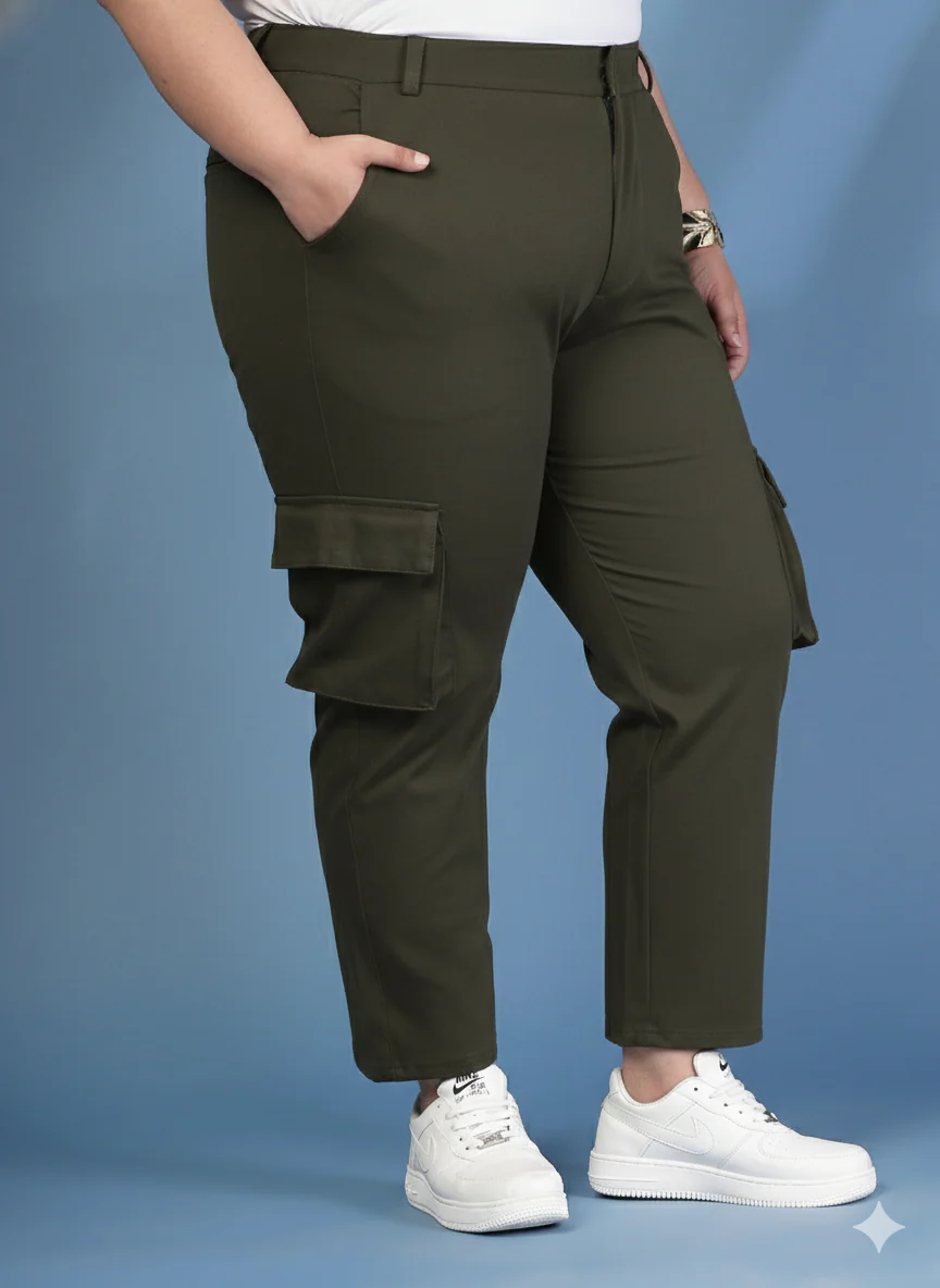 Plus Size Women Solid Mid Rise Regular Fit Cargo Trousers - Image 4