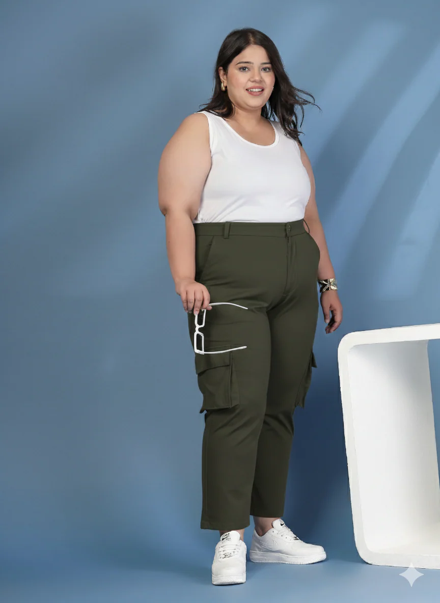 Plus Size Women Solid Mid Rise Regular Fit Cargo Trousers - Image 7