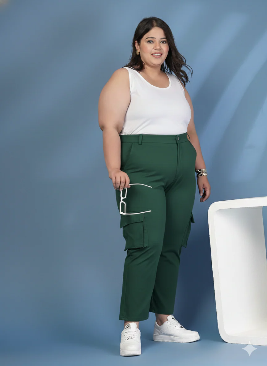 Plus Size Women Solid Mid Rise Regular Fit Cargo Trousers - Image 5