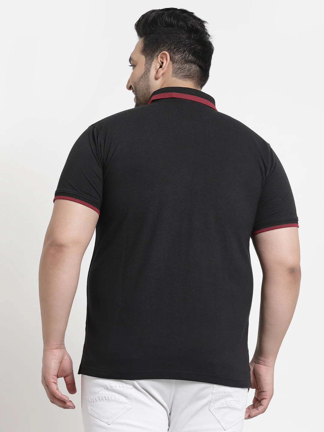 Plus Size Men Black Polo Collar Cotton T-shirt - Image 2