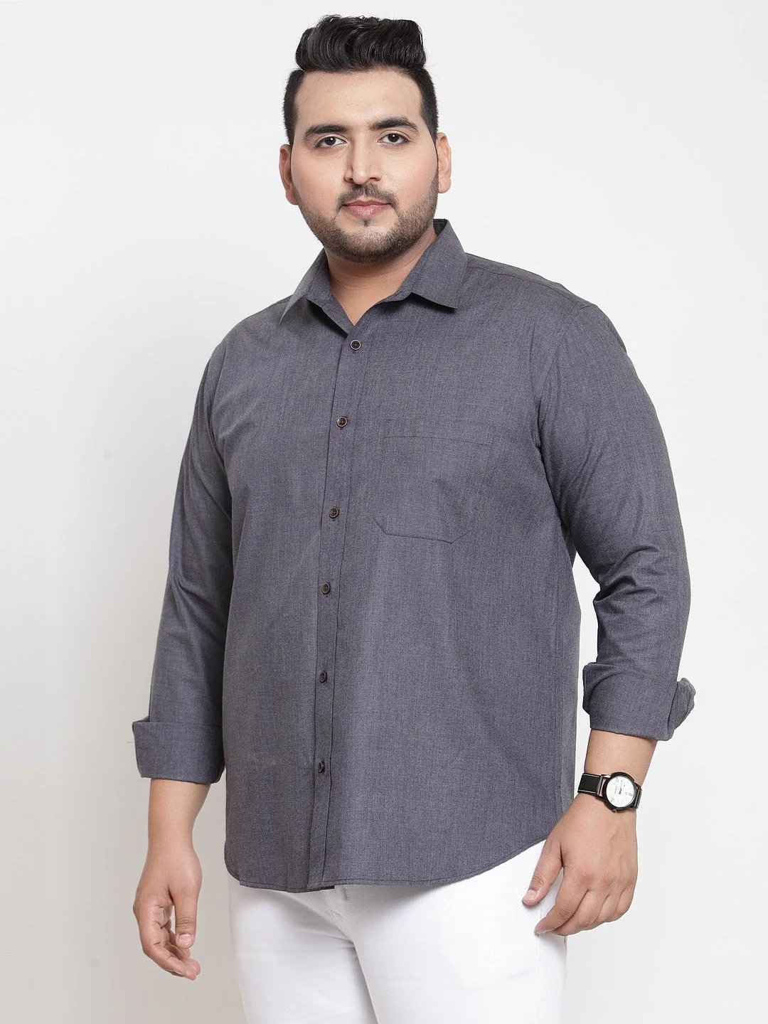 Plus Size Men Grey Regular Fit Self Design Casual Shirt - Image 3