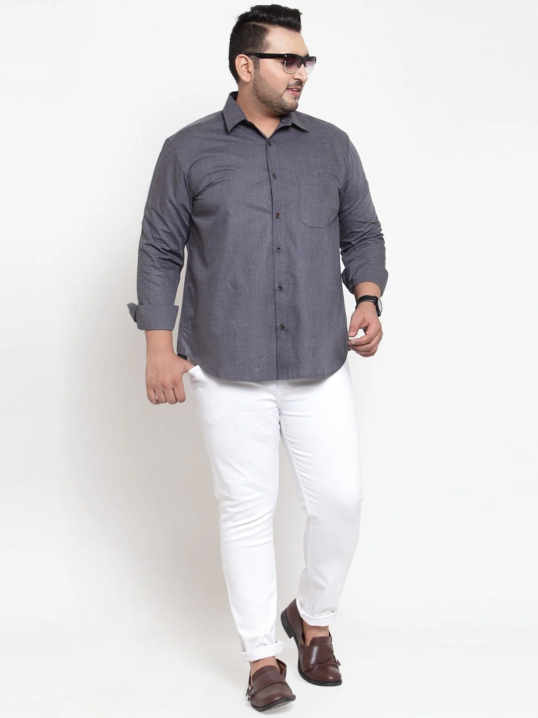 Plus Size Men Grey Regular Fit Self Design Casual Shirt - Image 5