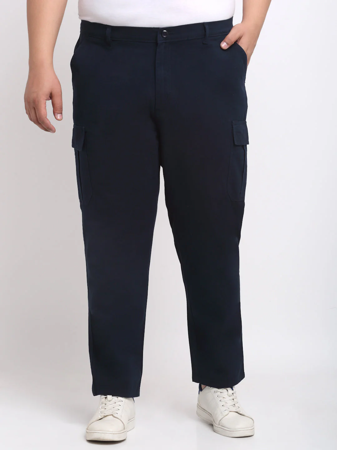 Plus Size Men Navy Blue Mid Rise Cotton Trousers - Image 2