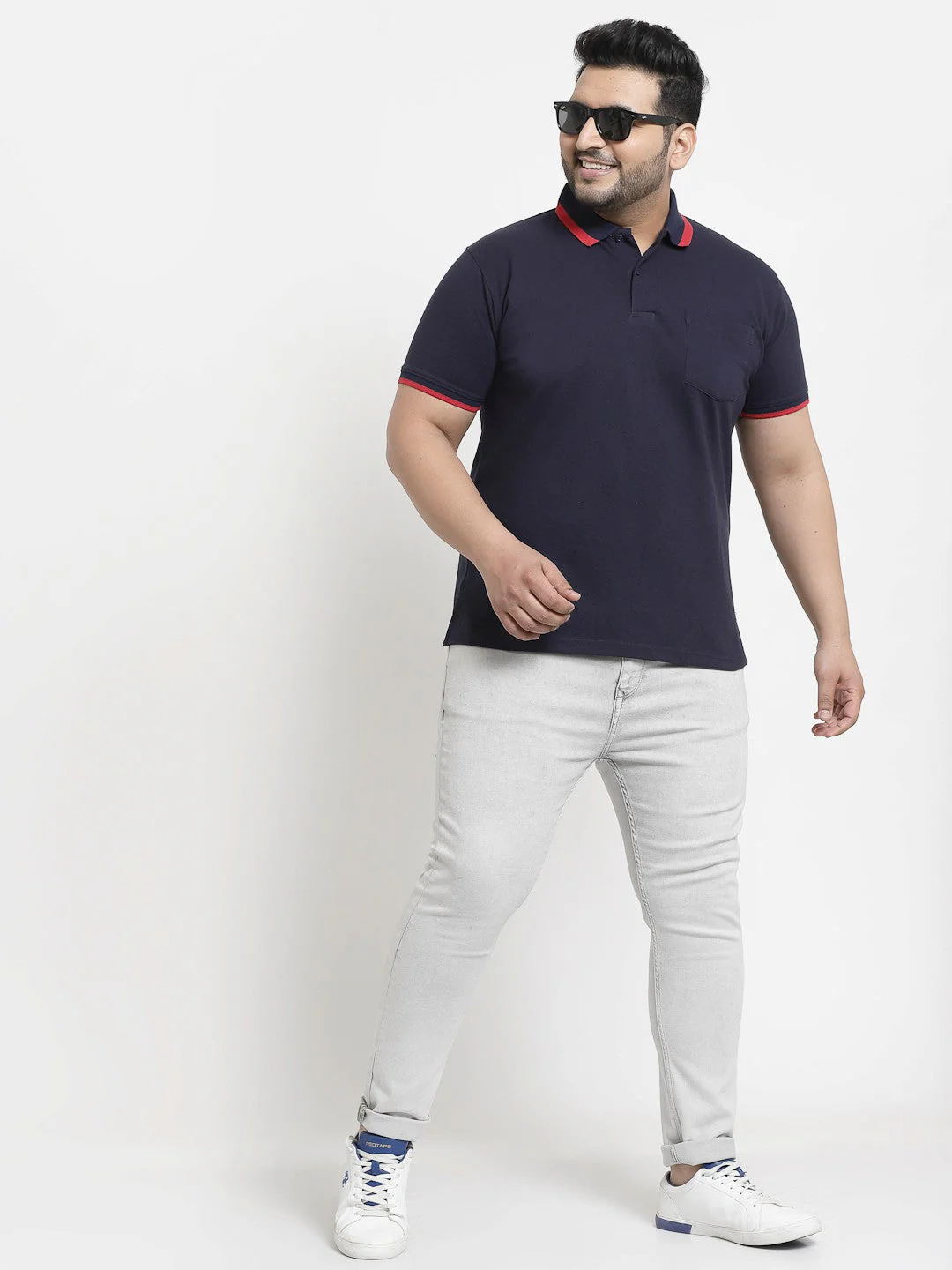 Plus Size Men Navy Blue Polo Collar T-shirt - Image 5