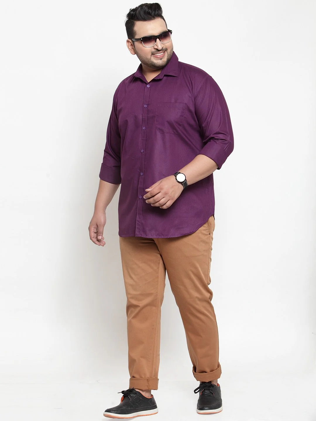Plus Size Men Purple Regular Fit Solid Casual Shirt - Image 5