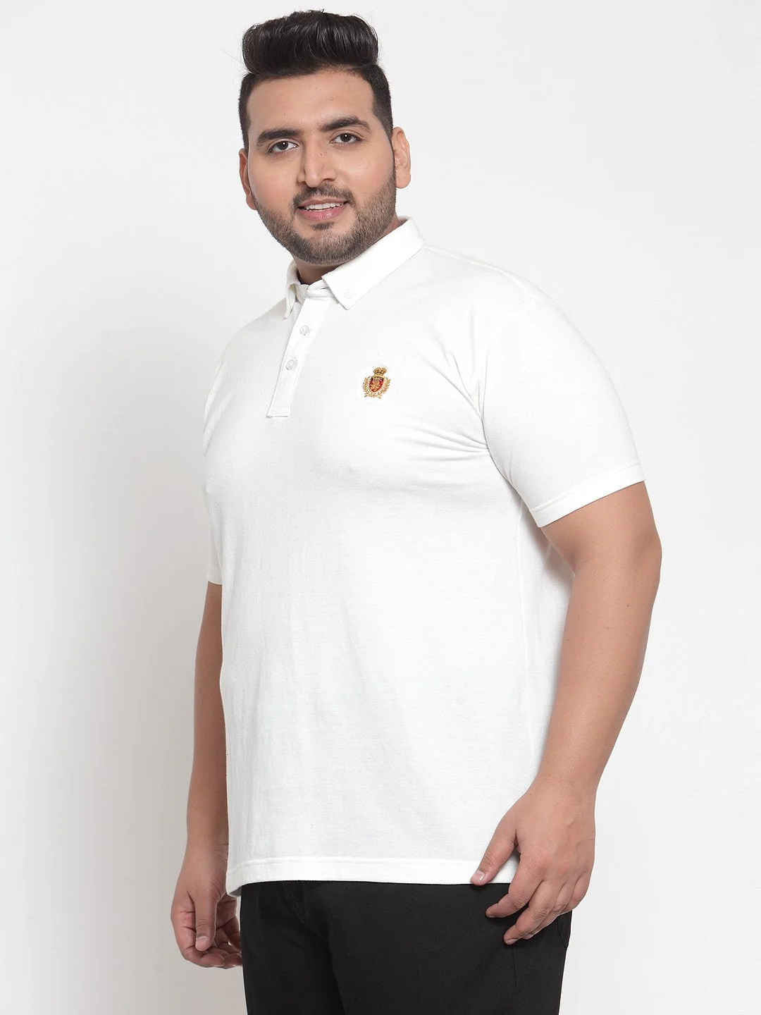 Plus Size Men White Solid Polo Collar Pure Cotton T-shirt - Image 3