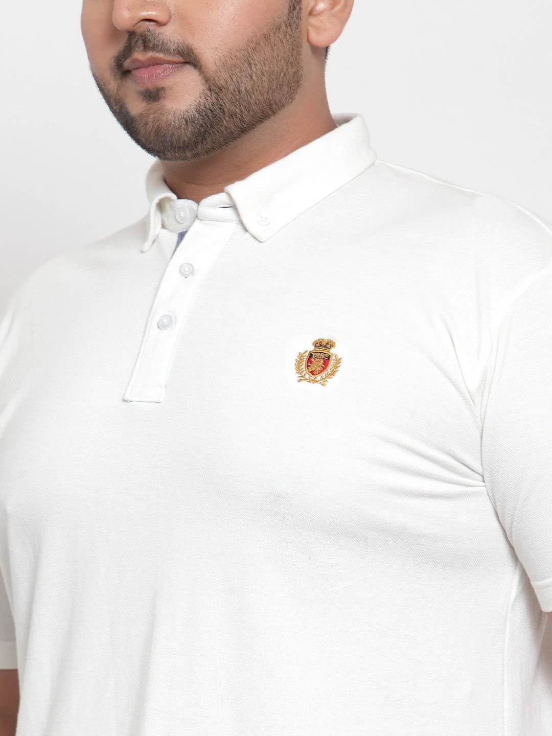 Plus Size Men White Solid Polo Collar Pure Cotton T-shirt - Image 4