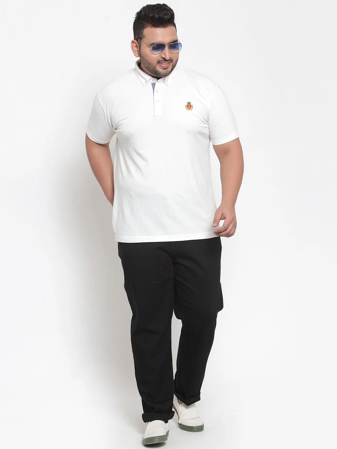 Plus Size Men White Solid Polo Collar Pure Cotton T-shirt - Image 5