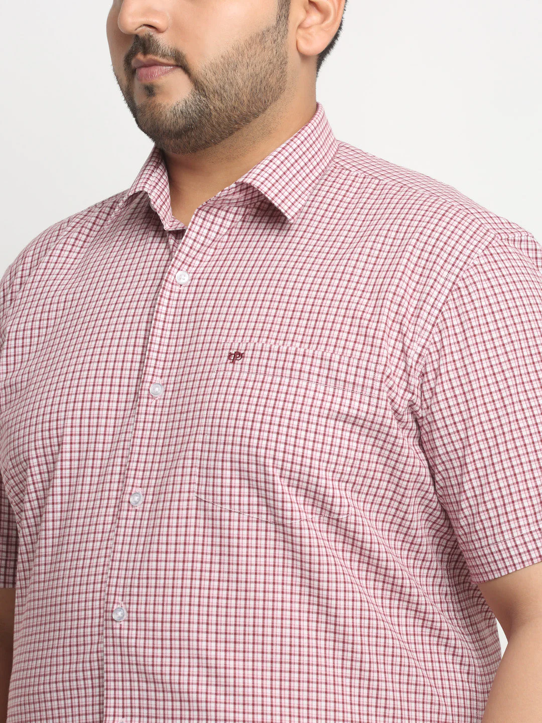 Plus Size Pink Checked Spread Collar Cotton Formal Shirt - Image 4