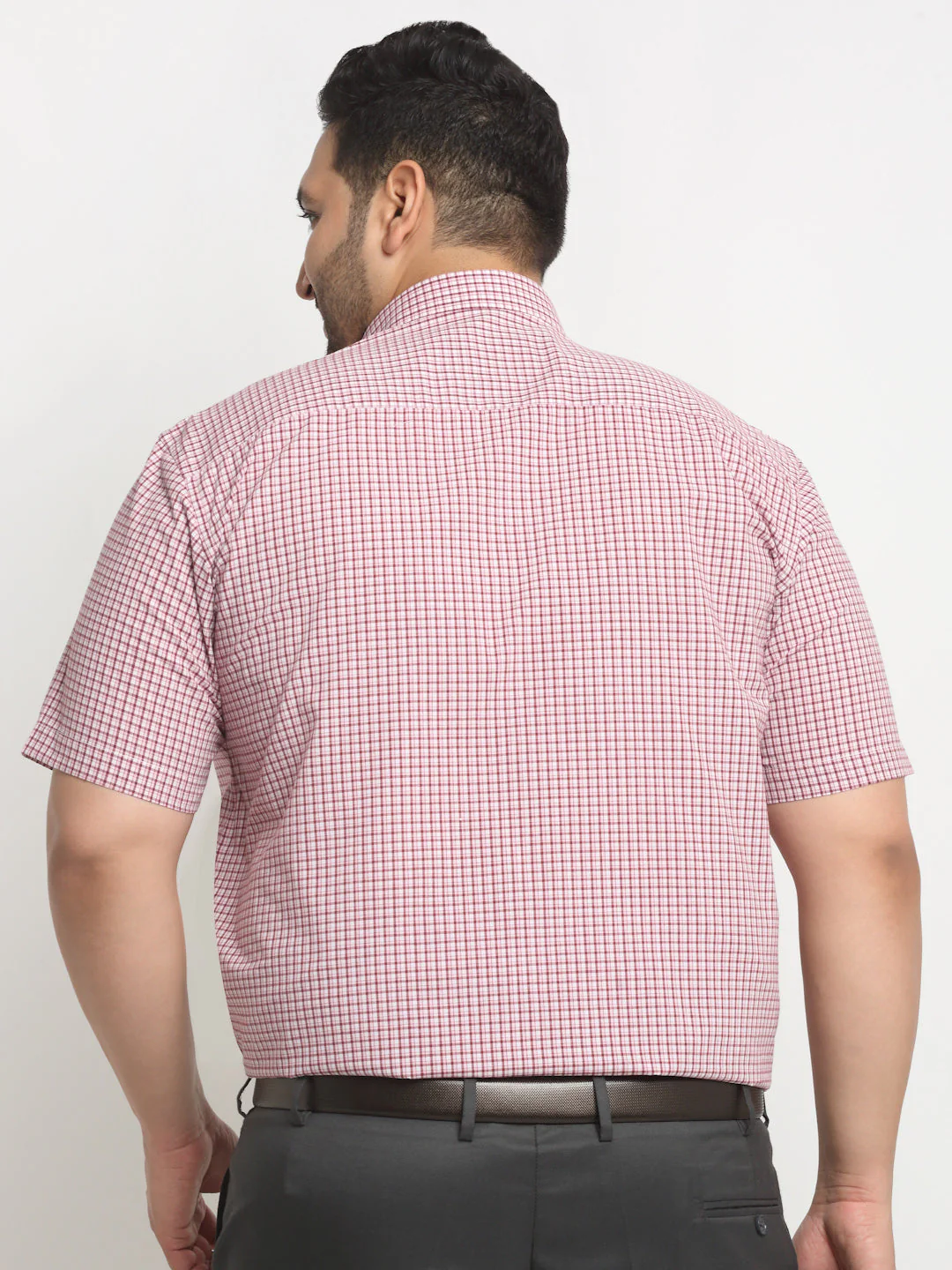 Plus Size Pink Checked Spread Collar Cotton Formal Shirt - Image 5