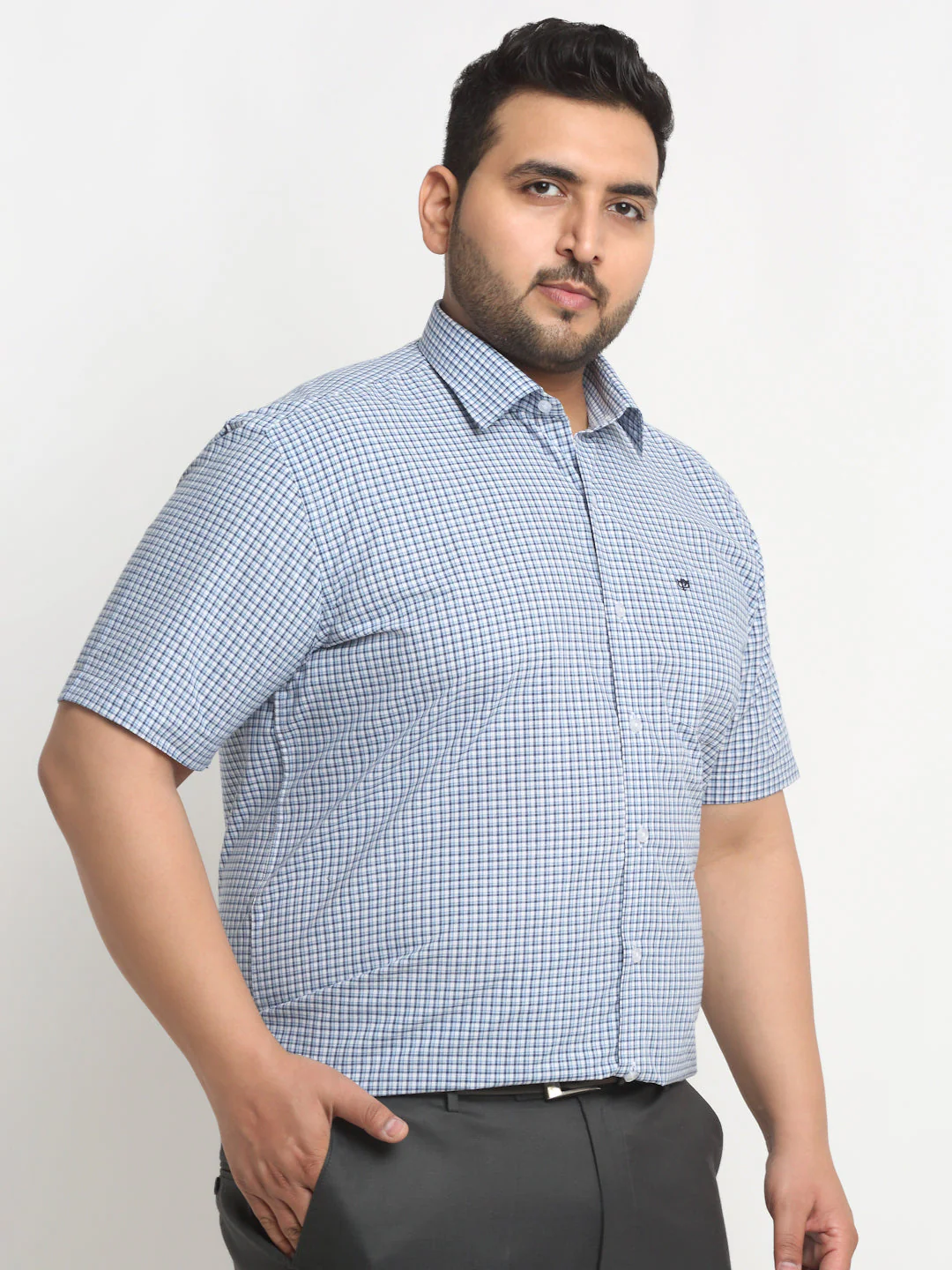 Plus Size  Blue Micro Checked Opaque Formal Shirt - Image 3