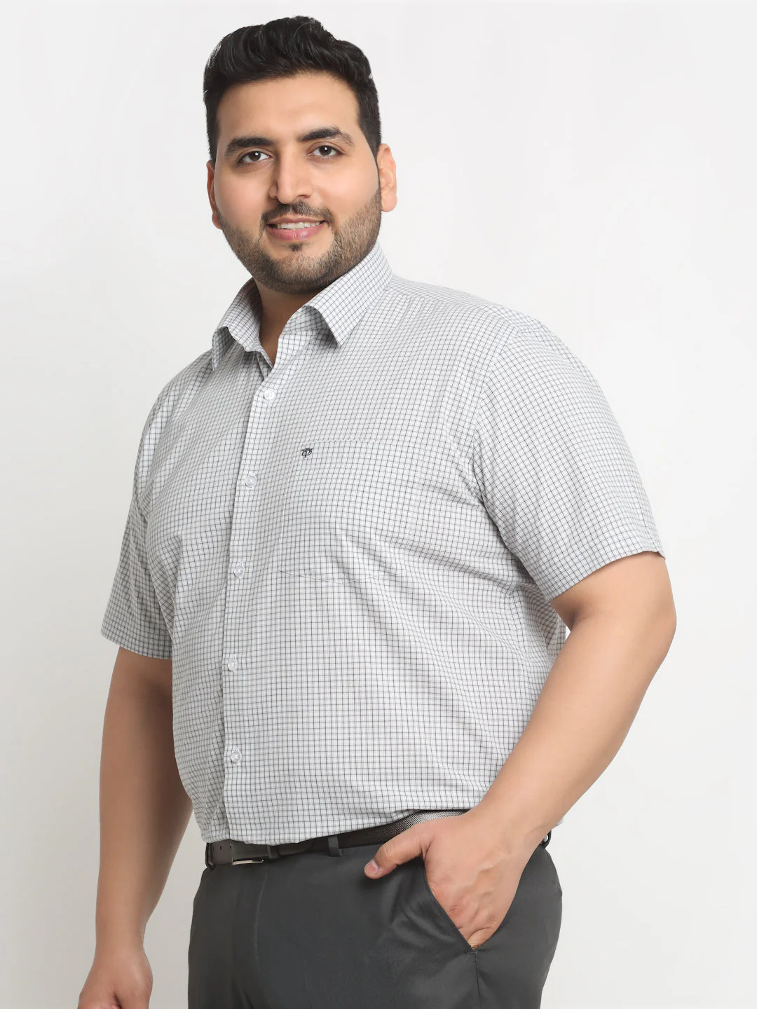 Plus Size Grey Micro Checked Opaque Formal Shirt - Image 3