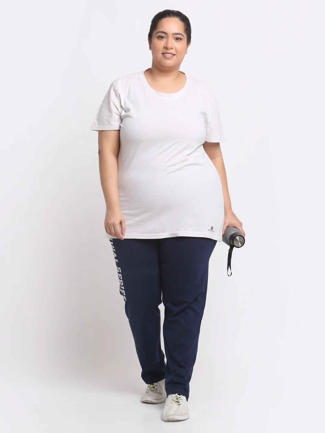 Plus Size Women  Navy Blue Typography Printed Mid Rise Cotton Track Pants - Image 5