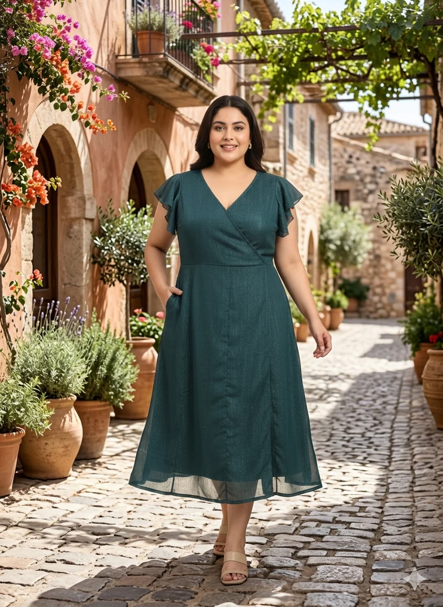 Women Plus Size Flutter Sleeve Midi Dress