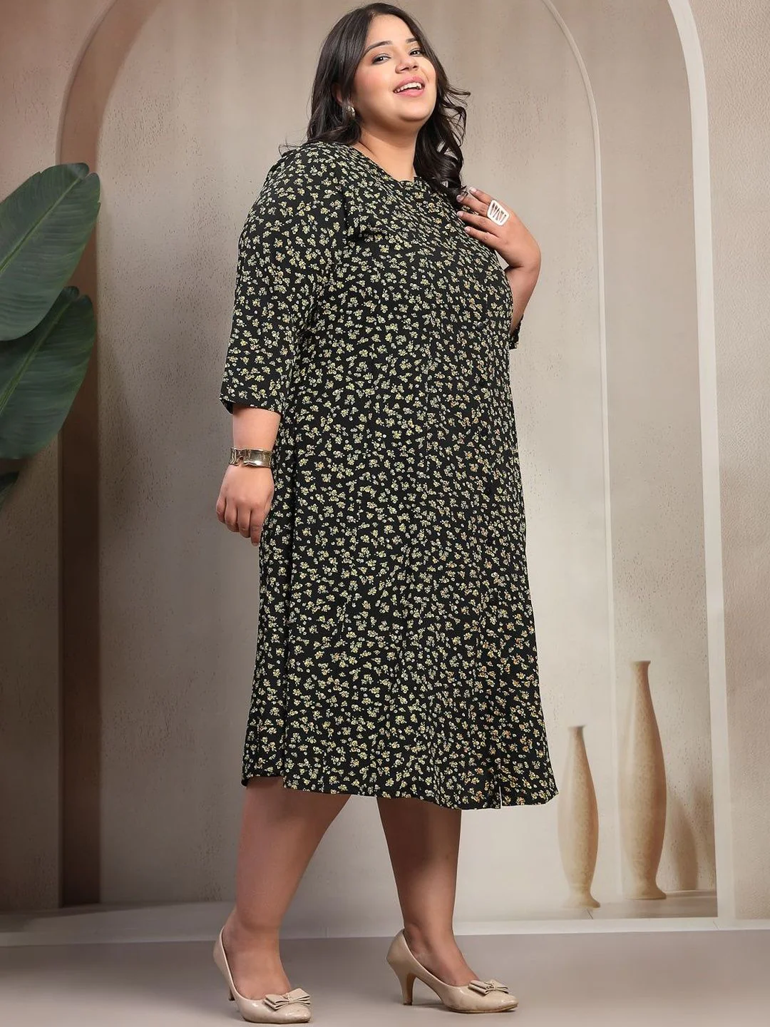 Plus Size Women Stunning Black Floral Volume Play Dress - Image 3